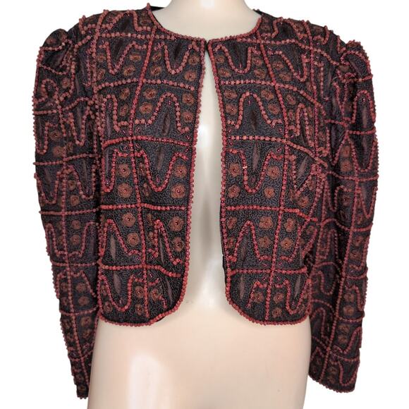 Vintage Silk Cropped Bolero Jacket Large Puff Sleeve Bead Embroidery Boho Artsy - Picture 1 of 6